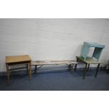 A VINTAGE SLATTED FOLDING BENCH, length 177cm, a folding bridge table, and two school desks, one