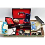 A BOX OF MISSCELANEOUS ITEMS, to include a black faux leather jewellery box, various boxed pieces of