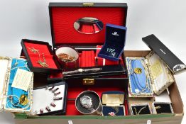 A BOX OF MISSCELANEOUS ITEMS, to include a black faux leather jewellery box, various boxed pieces of