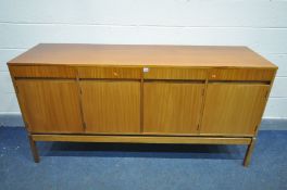 A MID CENTURY TEAK SIDEBOARD, with four frieze drawers, and four cupboard doors, on square tapered