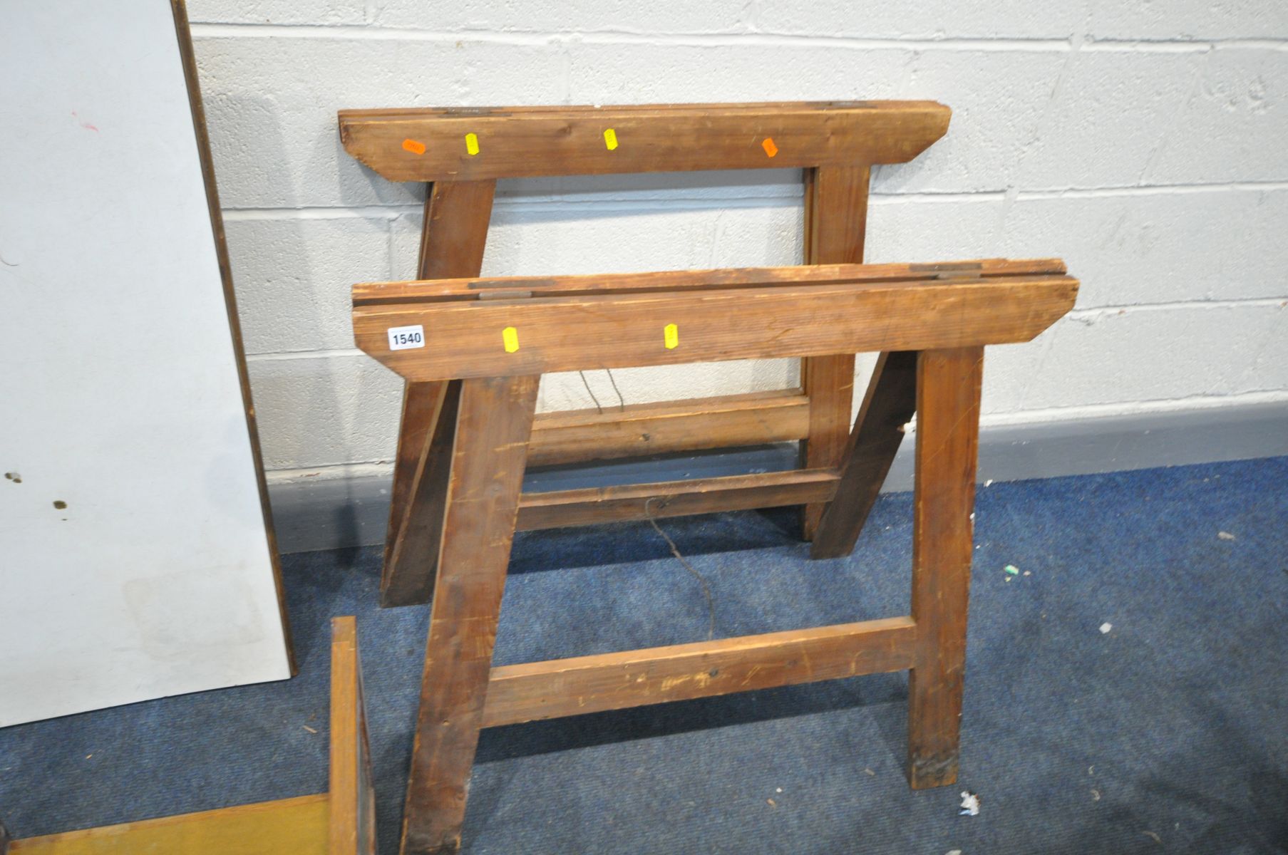 A PAIR OF PINE FOLDING TRESTLE STANDS, along with a teak two door cabinet, teak slope, table, two - Image 3 of 4