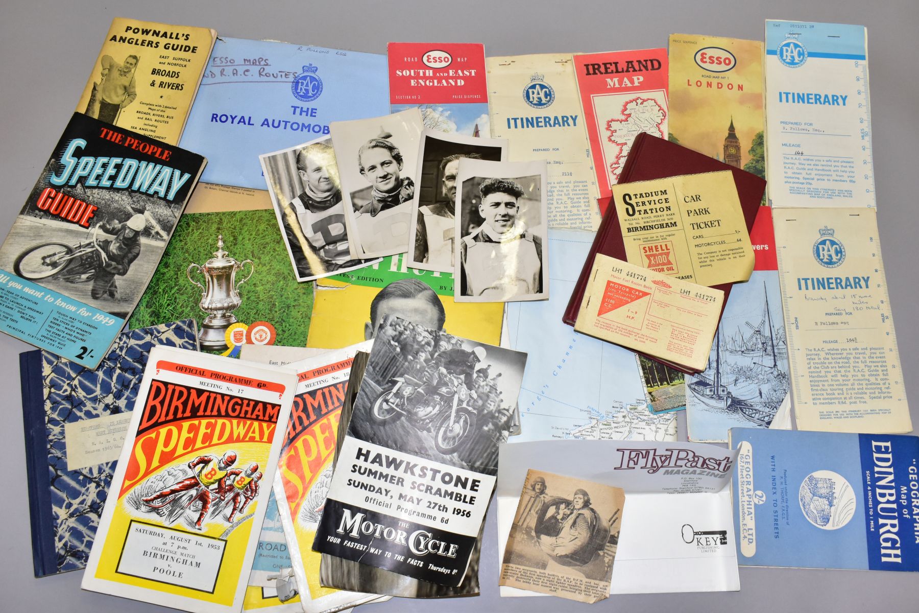 A BOX OF SPORTING AND OTHER EPHEMERA, to include 1950s Speedway programmes and photographs, a