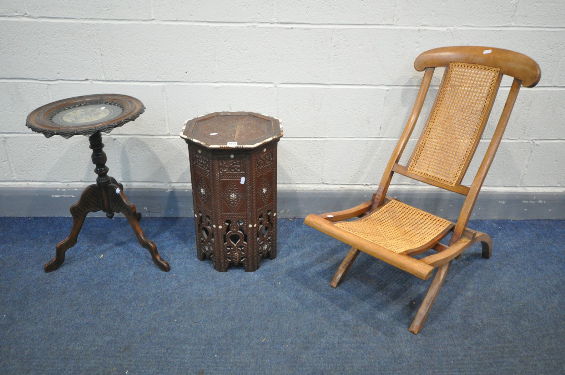 A MOORISH OCTAGONAL OCCASIONAL TABLE, diameter 36cm x height 53cm (condition:-historical crack to