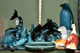 A COLLECTION OF POOLE POTTERY BLUE AND BLACK GLAZED ANIMAL AND BIRD FIGURES AND OTHER CERAMICS,