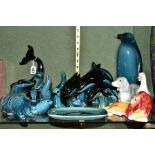 A COLLECTION OF POOLE POTTERY BLUE AND BLACK GLAZED ANIMAL AND BIRD FIGURES AND OTHER CERAMICS,