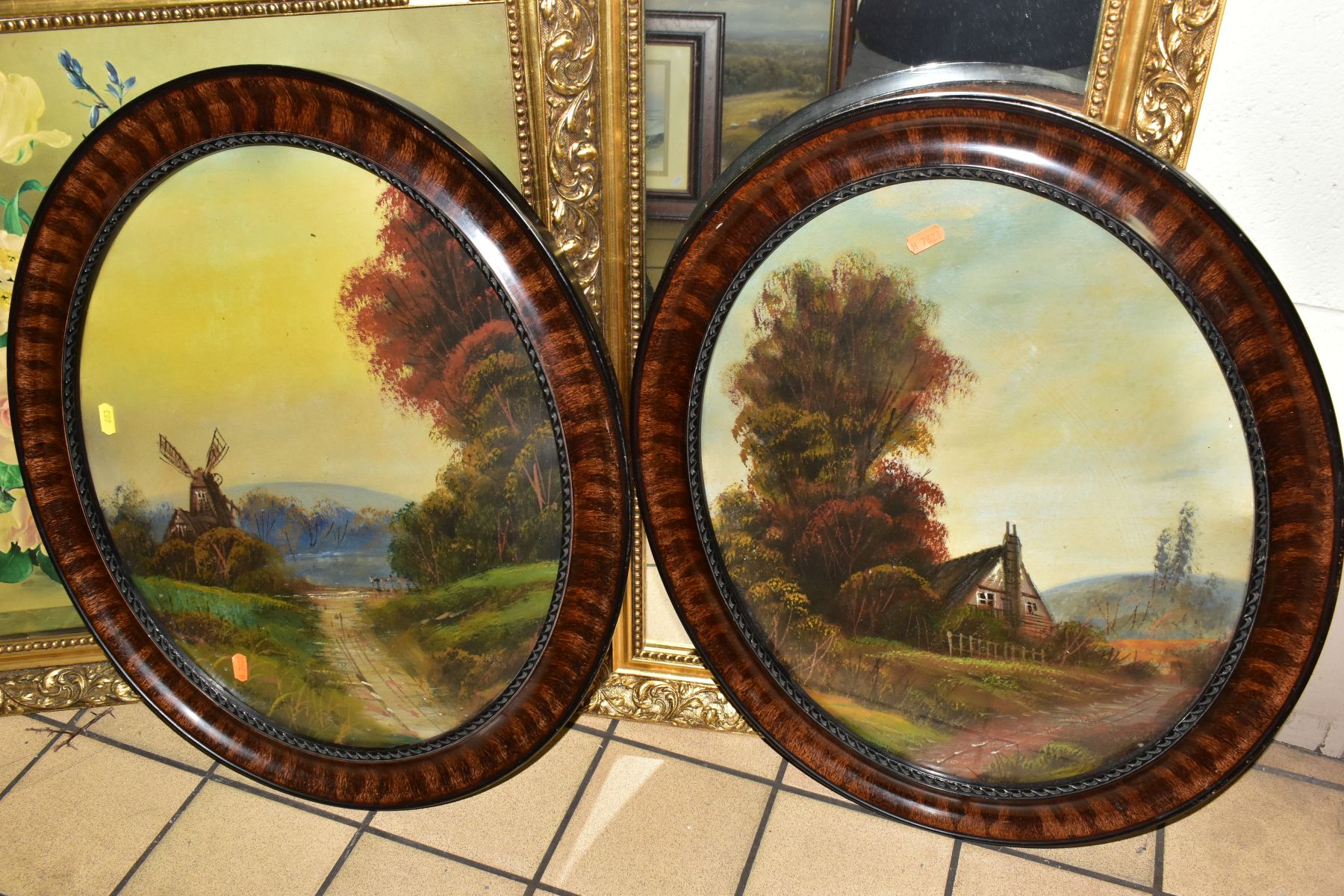 A PAIR OF EARLY 20TH CENTURY LANDSCAPE OILS ON BOARD, no visible signatures, painted oval frames, - Image 7 of 9