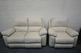 A CREAM LEATHER THREE PIECE LOUNG SUITE, comprising a three seater sofa, length 218cm, a two