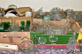 EIGHT BOXES AND LOOSE GLASS AND KITCHEN WARES, to include five boxes of assorted glasswares,