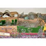 EIGHT BOXES AND LOOSE GLASS AND KITCHEN WARES, to include five boxes of assorted glasswares,