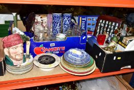 TWO BOXES AND LOOSE CERAMICS AND GLASS WARES, to include a Royal Doulton Lumberjack D6610