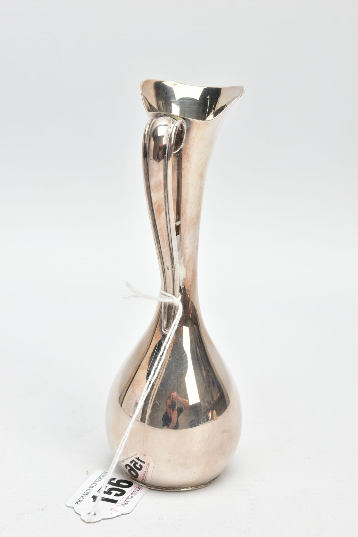 A DANISH SILVER POSY VASE, plain polished form fitted with a scroll handle, approximate height 14. - Image 2 of 5