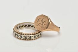 A 9CT GOLD SIGNET RING AND ONE OTHER, square signet with engraved initials, split shank,