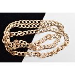 A 9CT GOLD FLAT CURB LINK CHAIN, fitted with a spring clasp, hallmarked 9ct gold rubbed, length