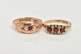 TWO 9CT GOLD GARNET RINGS, the first an early 20th century ring, with a star set circular cut