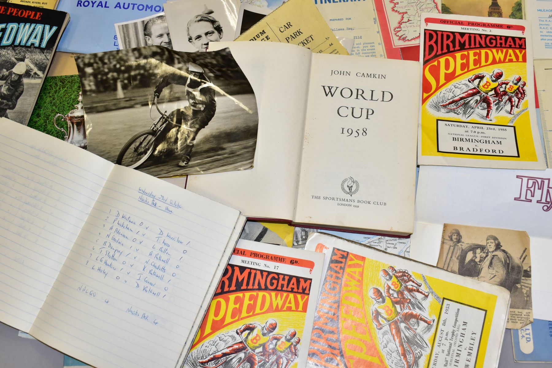 A BOX OF SPORTING AND OTHER EPHEMERA, to include 1950s Speedway programmes and photographs, a - Image 2 of 3