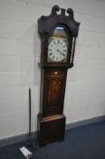 A GEORGIAN OAK, MAHOGANY AND CROSSBANDED EIGHT DAY LONGCASE CLOCK, the hood with a swan neck