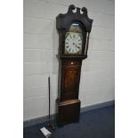 A GEORGIAN OAK, MAHOGANY AND CROSSBANDED EIGHT DAY LONGCASE CLOCK, the hood with a swan neck