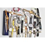 A BOX OF ASSORTED FASHION WRISTWATCHES, ladies and gents fashion watches with names to include '