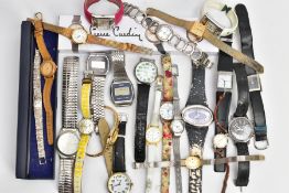 A BOX OF ASSORTED FASHION WRISTWATCHES, ladies and gents fashion watches with names to include '