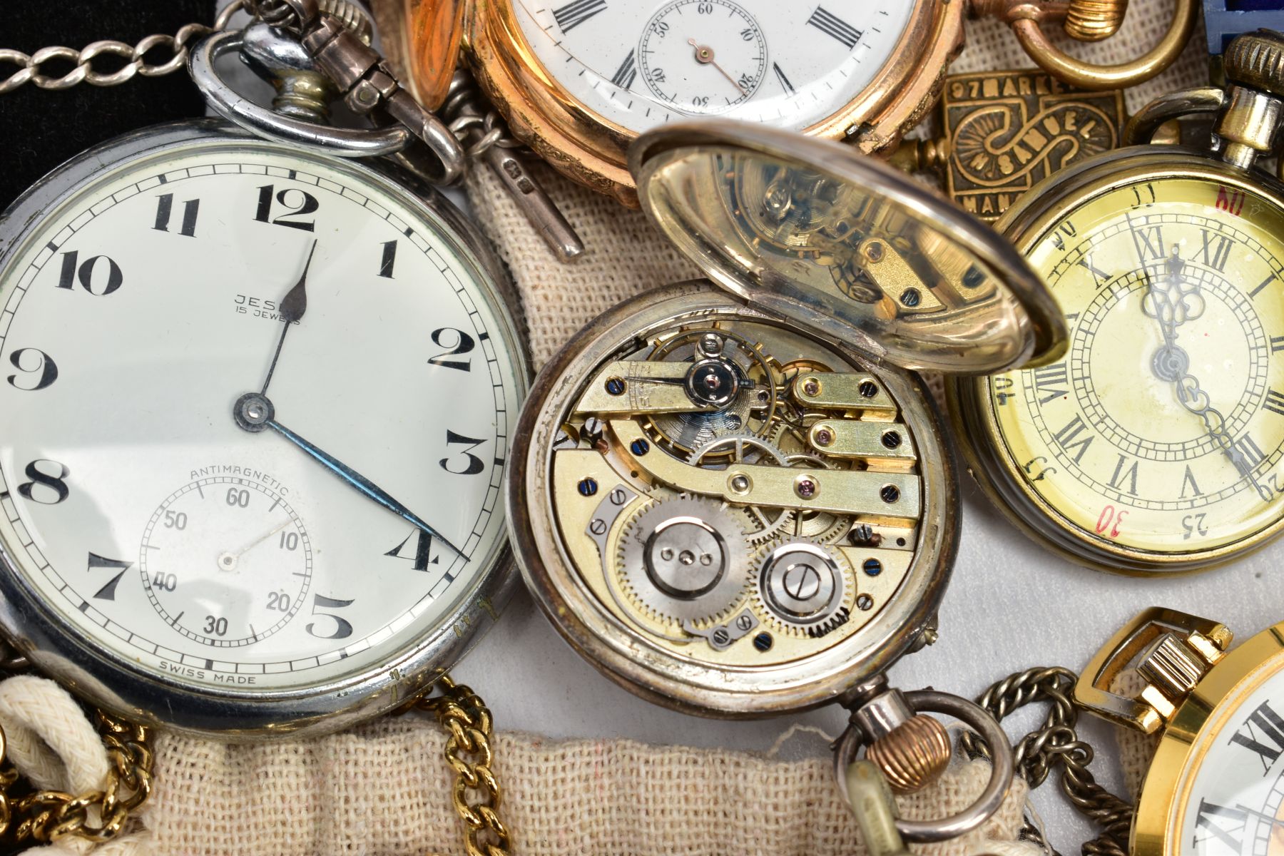 A BAG OF POCKET WATCHES, to include a small open face pocket watch with a round white dial, Roman - Image 8 of 8