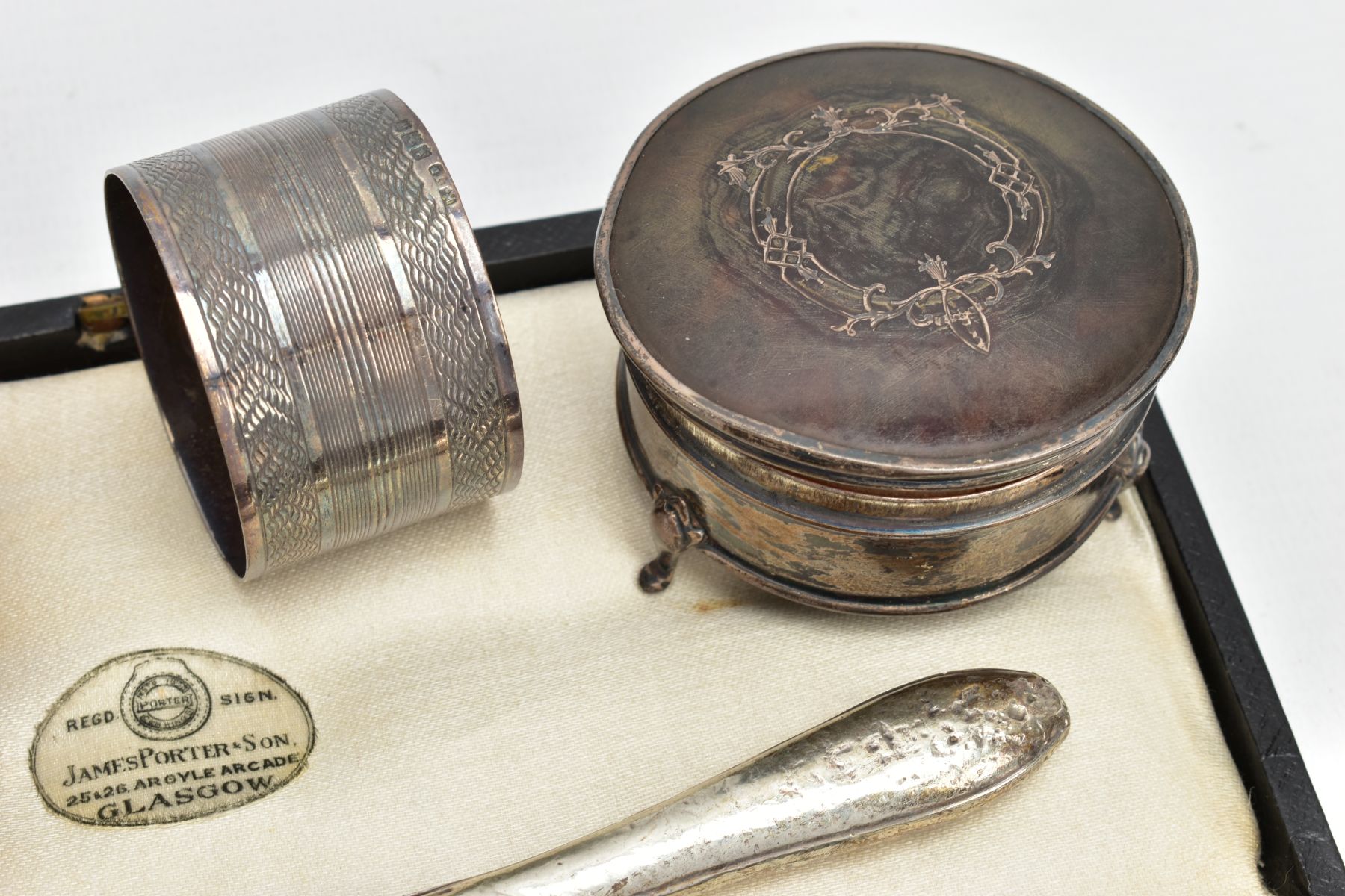 A BOX OF ASSORTED SILVER ITEMS, to include a signed box 'James Porter & Son' incomplete silver - Image 3 of 6