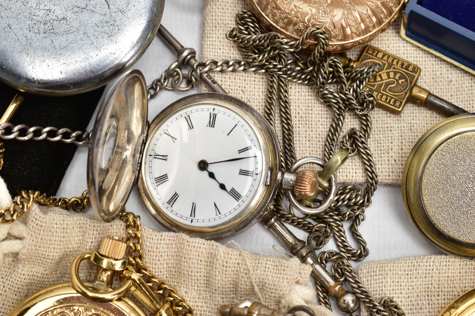 A BAG OF POCKET WATCHES, to include a small open face pocket watch with a round white dial, Roman - Image 6 of 8