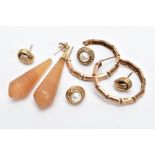 A SELECTION OF 9CT GOLD AND YELLOW METAL EARRINGS, to include a pair of 9ct gold cultured pearl