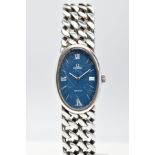 A LADYS 'OMEGA' WRISTWATCH, blue oval face, singed 'Omega De Ville, Swiss made', Roman numerals at