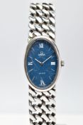 A LADYS 'OMEGA' WRISTWATCH, blue oval face, singed 'Omega De Ville, Swiss made', Roman numerals at