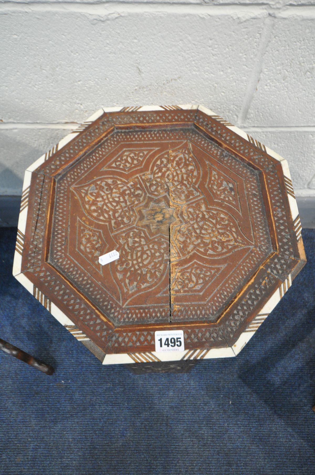 A MOORISH OCTAGONAL OCCASIONAL TABLE, diameter 36cm x height 53cm (condition:-historical crack to - Image 3 of 5