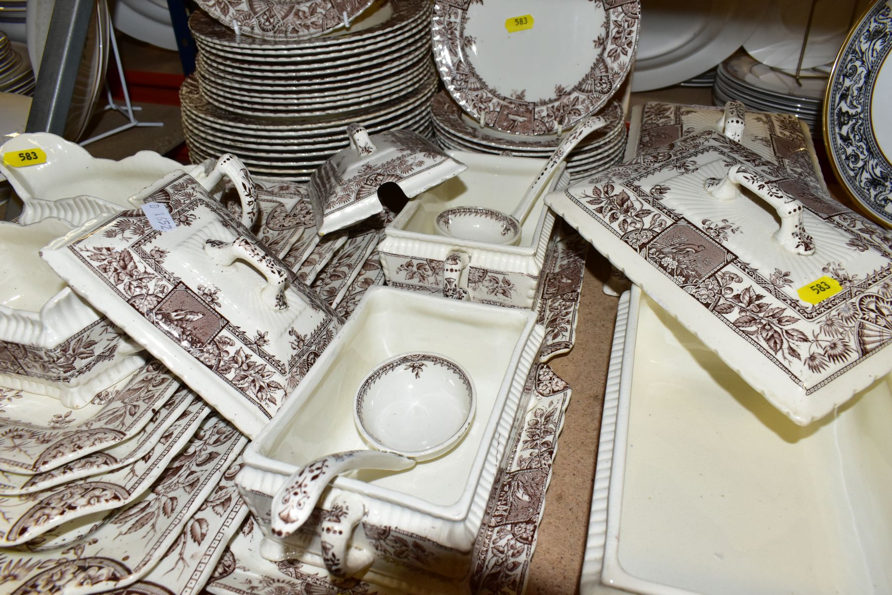 A LATE VICTORIAN EARTHENWARE DINNER SERVICE TRANSFER PRINTED IN BROWN WITH AN AESTHETIC STYLE DESIGN - Image 4 of 14