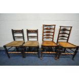 TWO GEORGIAN ELM LADDER BACK CHAIRS, and two Georgian rush seated chairs (4)