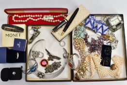 A BOX OF ASSORTED SILVER, WHITE METAL AND COSTUME JEWELLERY PIECES, to include a boxed black lacquer