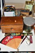 A BOX OF VINTAGE BUTTONS, BOXES, LIGHTERS, POCKET KNIVES AND SUNDRY ITEMS, to include a lacquer