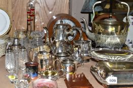 A QUANTITY OF SILVER PLATE, CUT GLASS, TREEN, ETC, including a rectangular entree dish and cover,