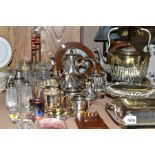 A QUANTITY OF SILVER PLATE, CUT GLASS, TREEN, ETC, including a rectangular entree dish and cover,