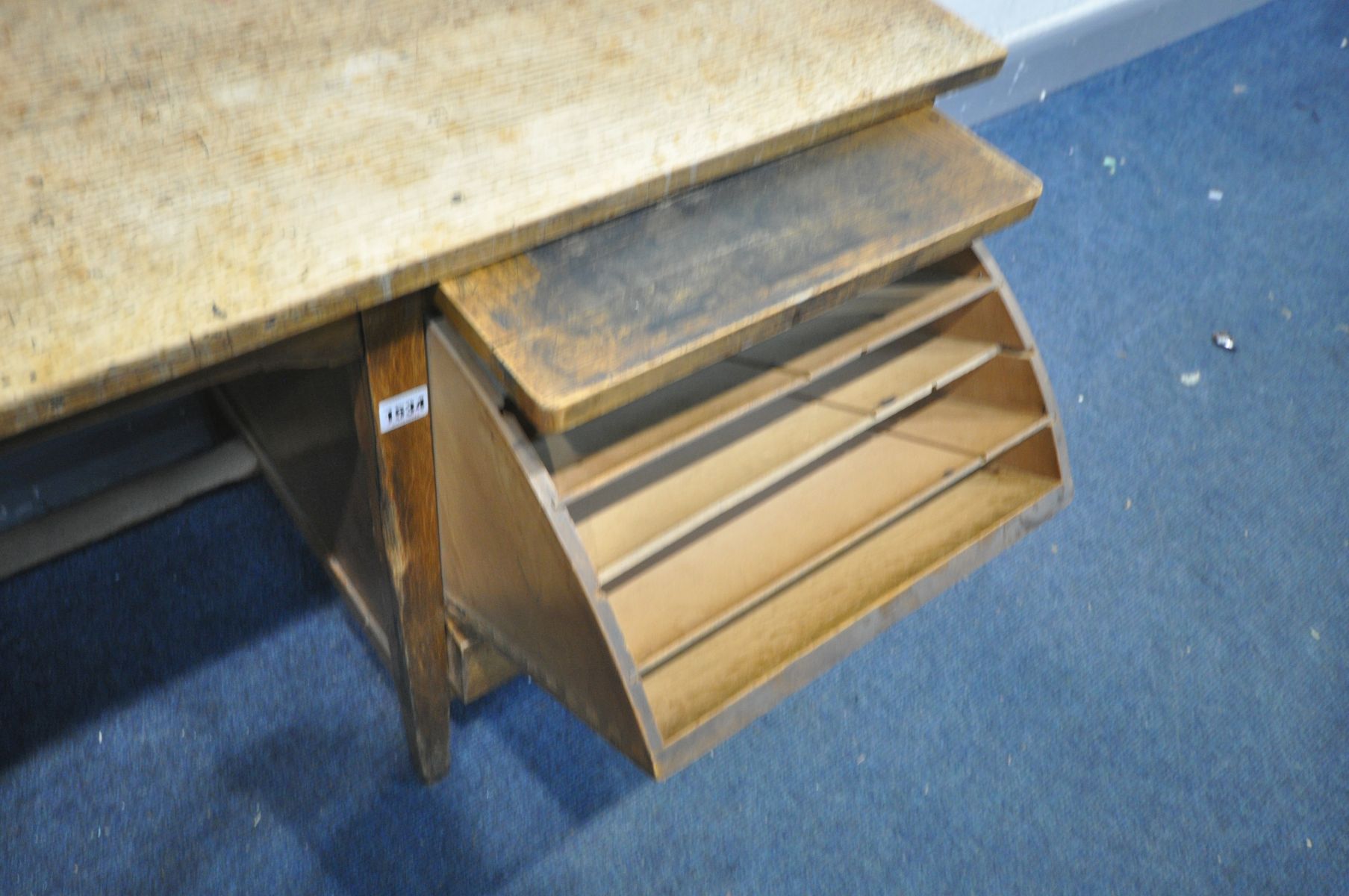 AN EARLY 20TH CENTURY 'SHANNON' OAK DESK, with a drop end, brushing slide, fall front filing door - Image 2 of 3