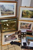 SIX FRAMED COLOUR PRINTS INCLUDING FOUR BY RONALD MOSELEY WITH SIGNATURES IN PENCIL AND A BOX OF