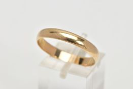 A 9CT GOLD BAND RING, yellow gold, plain polished band, approximate width 3.5mm, approximate depth