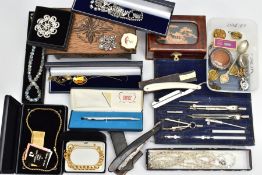 A BOX OF ASSORTED ITEMS, to include an oriental style wooden jewellery box, another carved wooden
