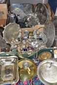 TWO BOXES OF SILVER PLATED WARES, PEWTER AND STAINLESS STEEL, including trays, cruet sets, hollow-