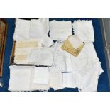 A BOX OF ASSORTED VINTAGE TABLE LINEN, including table cloths with crocheted borders and embroidered