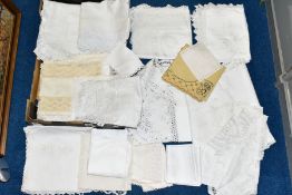 A BOX OF ASSORTED VINTAGE TABLE LINEN, including table cloths with crocheted borders and embroidered