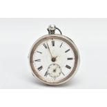 A SILVER OPEN FACE POCKET WATCH, (non-running) round white dial, Roman numerals, seconds