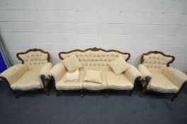A REPRODUCTION ITALIAN THREE PIECE LOUNGE SUITE, comprising a three seater sofa, and a pair of