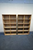 TWO SIMILAR BESPOKE PLYWOOD BOOKCASES, largest at width 188cm x depth 44cm x height 117cm