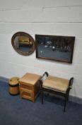 AN OAK BEVELLED EDGE WALL MIRROR, 74cm x 48cm, an oval wall mirror, an Edwardian mahogany piano