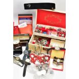 A BOX OF ASSORTED ITEMS, to include a pair of knot design stud earrings posts stamped 375 missing