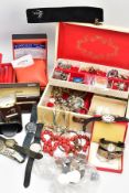 A BOX OF ASSORTED ITEMS, to include a pair of knot design stud earrings posts stamped 375 missing