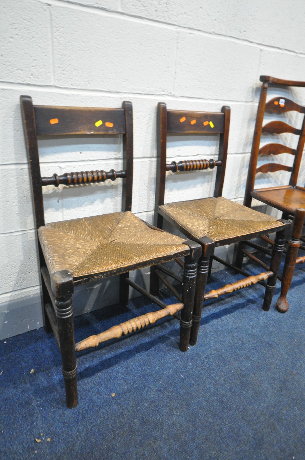 TWO GEORGIAN ELM LADDER BACK CHAIRS, and two Georgian rush seated chairs (4) - Bild 3 aus 3